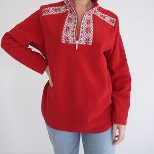 Vintage L.L. Bean Red Fleece Snowflake Trim Pullover Cabincore Après Ski L